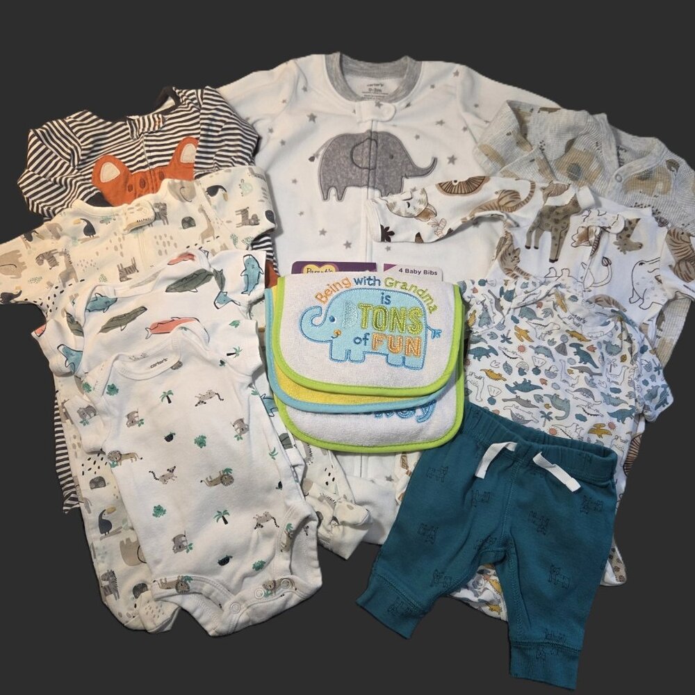 13 Piece Bundle of Animal Print Clothing & Bibs - Size Newborn, 3M & 0-3 Months